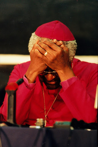 Archbishop Desmond Tutu breaks down during hearings of the Truth and Reconciliation Commission in 1997.